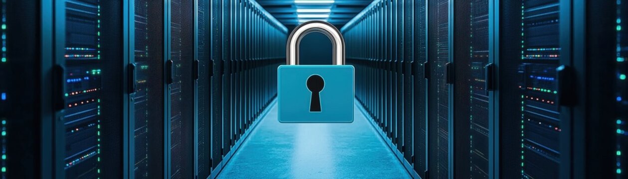 A secure server room features a large padlock symbolizing data protection and cybersecurity in a technology-driven environment.