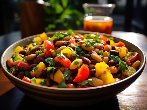 Close up of three bean salad with cumin vinaigrette served in bowl