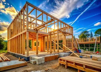 Home Construction Framing Process with Wooden Beams and Structures Under Development and Progressing