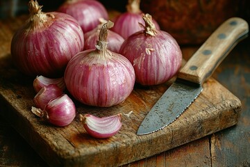 Red Onions and Knife on Cutting Board