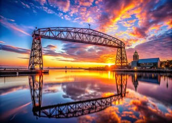 Naklejka premium Iconic Duluth Lift Bridge at Sunset with Reflections on Water and Scenic Cityscape Background