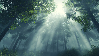 Tall, misty trees with sunlight streaming through the branches, creating a magical and mysterious forest atmosphere