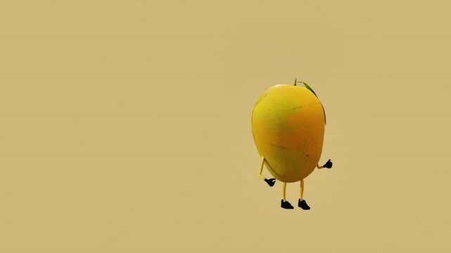 A 3D animated mango character performing a funny dance. The scene captures playful, humorous movements, blending creativity, fun, and vibrant animation with the charm of a tropical fruit.