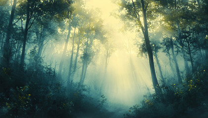 Tall, misty trees with sunlight streaming through the branches, creating a magical and mysterious forest atmosphere