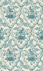 Vintage wallpaper featuring stylized birds perched on branches of flowers, with a delicate, pattern in shades of blue on a cream background.