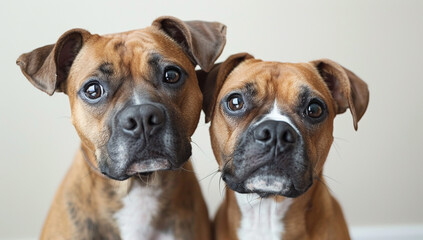 Obraz premium Portrait of two boxer dogs with expressive eyes and soft brown fur facing the camera side by side