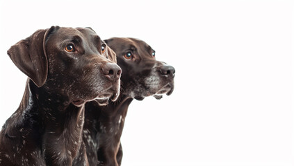 Fototapeta premium Focused side profile of two alert black and brown spotted dogs on white background