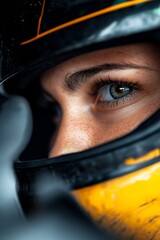 closeup person wearing helmet hazel amber eyes princess hill business products supplies young black yellow color highly capsuled clear gaze human sorceress center interest news hcl