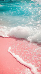 Fototapeta premium relaxing tropical beach scene featuring gentle waves lapping against soft pink sandy shore. sparkling water creates serene atmosphere, perfect for unwinding