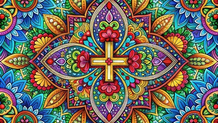 Intricate Christian Zendangle Design with Crosses, Patterns, and Spiritual Elements for Coloring