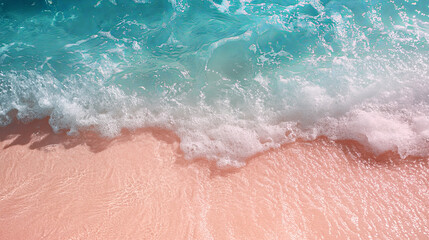 Fototapeta premium bright sunny beach scene where clear turquoise waves gently lap against soft pink sand, creating serene and tranquil atmosphere