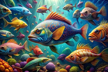 Fototapeta premium Intricate Drawings of Colorful Ocean Fish Showcasing Marine Life Diversity and Underwater Beauty