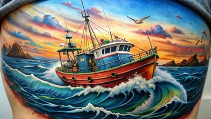 Intricate Fishing Boat Tattoo Design with Nautical Elements for Ocean Lovers and Tattoo Enthusiasts