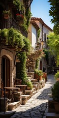 Fototapeta premium A charming cobblestone alleyway adorned with lush greenery and rustic architecture.