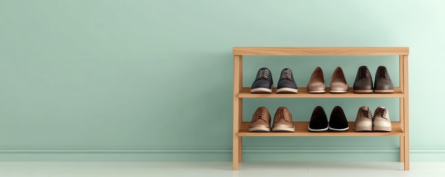 Craft a detailed illustration of an oak shoe rack, emphasizing its functionality with neatly arranged shoes and a classy touch to elevate the room decor