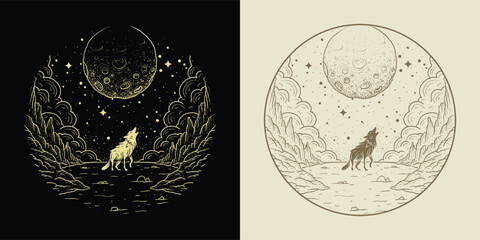 Mystical Wolf Howling at the Moon in the Night