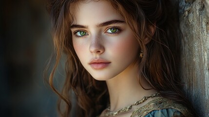 Fototapeta premium confident young woman in a medieval lady costume with long brown hair and green eyes wearing beautiful fantasy clothes evoking vintage style and elegance
