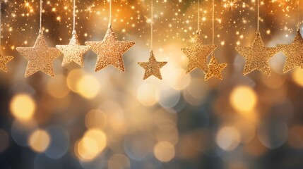 Star ornaments, Fir tree branches, golden christmas lights bokeh lights, with copy space for text, HD, Christmas greeting invitation card, banner background