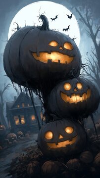 three pumpkins sitting ground looks sharp pointy vampire teeth heads candy decorations glowing windows spooky filter council bitches surprised hundreds lamps blurry background