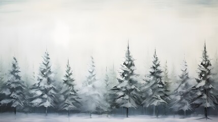 Fototapeta premium Winter Christmas forest in fog, White Christmas, copy space for text, banner wallpaper HD, Christmas trees, spruce, Snowing, Greeting invitation