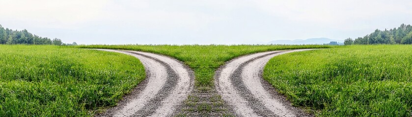 Obraz premium A serene landscape featuring a forked road surrounded by lush green fields, symbolizing choices and new journeys.