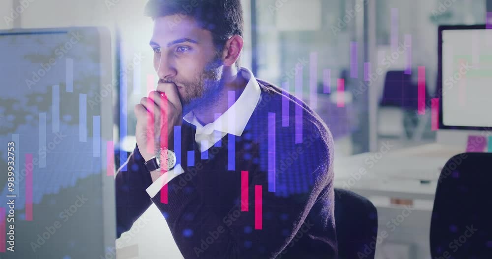 Leinwandbilder charts, trader and businessman on computer for stock market, overlay or cryptocurrency data. thinkin