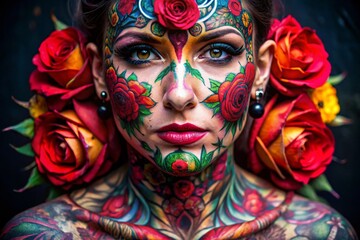 Naklejka premium Intricate Rose Face Tattoo Design Showcasing Floral Artistry and Unique Body Modification Style