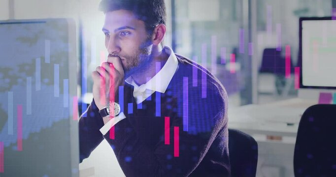 Charts, trader and businessman on computer for stock market, overlay or cryptocurrency data. Thinking, financial analysis and technology for dashboard statistics, investment growth or graphs info
