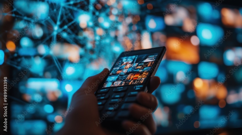 Poster Hand Holding Smartphone with Blurred Lights in Background