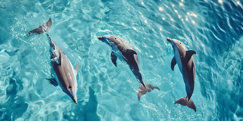 Obraz premium Three Dolphins Swimming in Clear Blue Water