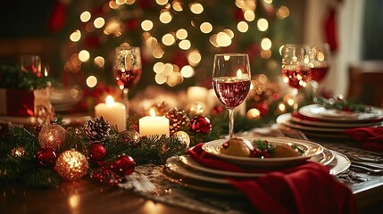 beautiful christmas dinner table arrangement in close-up featuring festive decorations lights and seasonal decor perfect for a warm and elegant holiday celebration