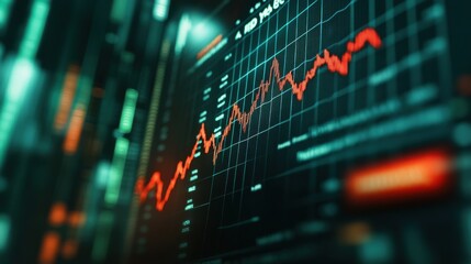 Naklejka premium A close-up of a digital screen displaying a downward-trending line graph, symbolizing a Fed rate cut, set against a blurred background of financial charts and news headlines