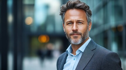 Fototapeta premium modern portrait of a 40 years old man wearing a casual business suit shirt without a tie with light unshaven look standing confidently in front of a contemporary city background