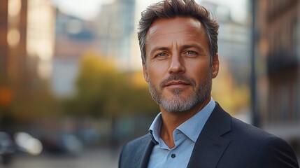 Obraz premium modern portrait of a 40 years old man wearing a casual business suit shirt without a tie with light unshaven look standing confidently in front of a contemporary city background