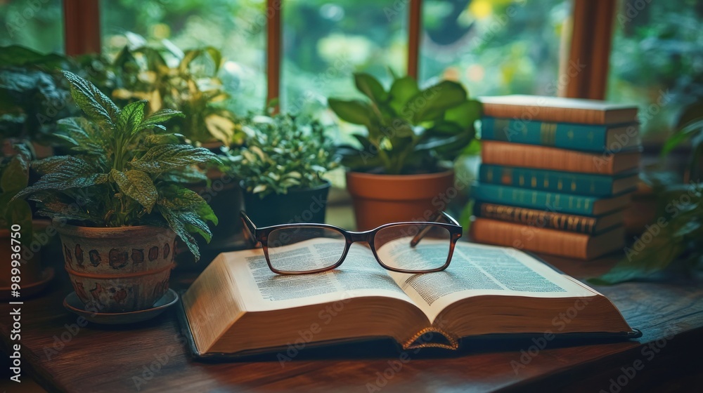 Poster Open Book With Glasses and Plants