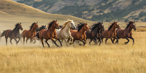 Wild Horses Galloping in Golden Field