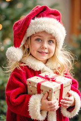 A little girl wearing a Santa hat, holding a gift box at Christmas time.