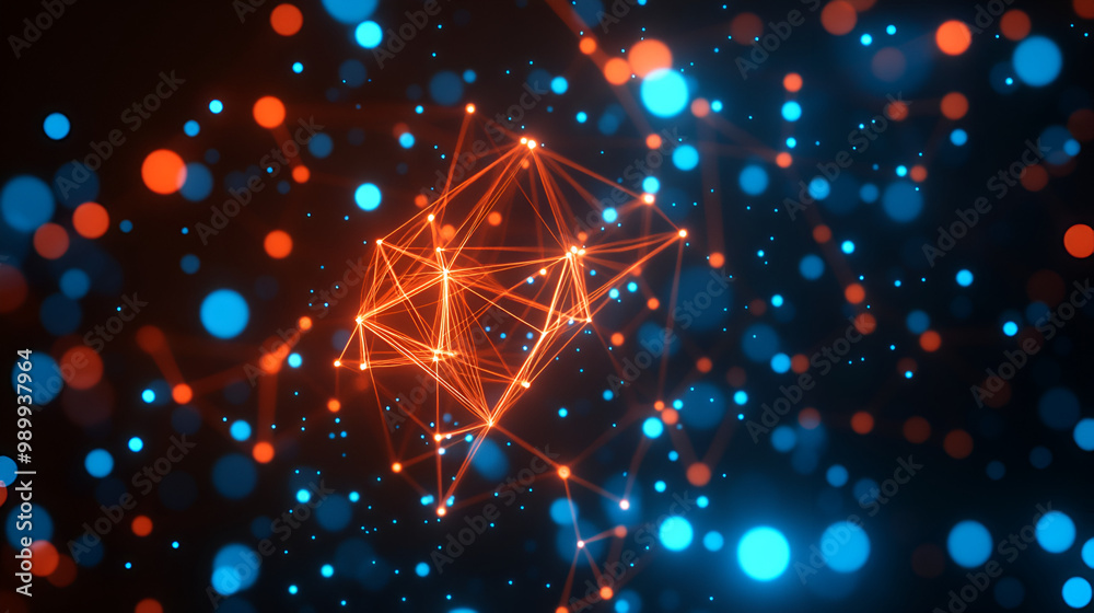 Poster vivid abstract composition of orange and blue glowing dots and lines creating a dynamic network on a