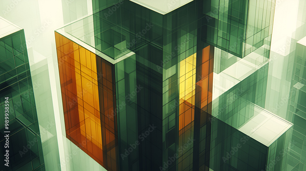 Wall mural abstract geometric structures in layered glass creating a dynamic urban landscape with green and amb
