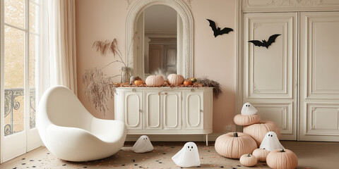 chic parisian parlor with pastel pumpkins and ghost garland
