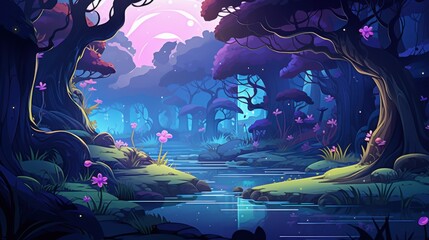 Enchanting Nighttime Forest with a Serpentine River and Glowing Flora