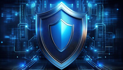 Fototapeta premium A digital shield symbolizing cybersecurity, surrounded by a blue tech-themed background, representing protection in the digital realm.