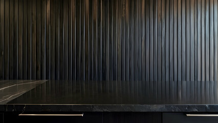Sleek black countertop against wooden paneling, perfect for high-end beauty and bar product displays in a modern setting.