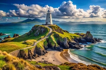 Llanddwyn Island on Anglesey, Wales with a scenic view of lighthouse and breathtaking coastal landscape