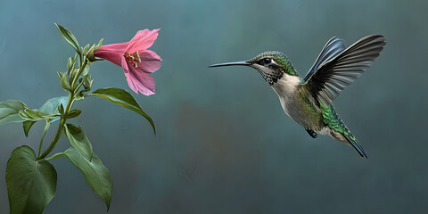 Fototapeta premium Hummingbird hovering near pink flower