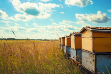 A Row of Beehives in a Field of Tall Grass with a Blue Sky and Puffy Clouds, Creating a Serene and Picturesque Landscape