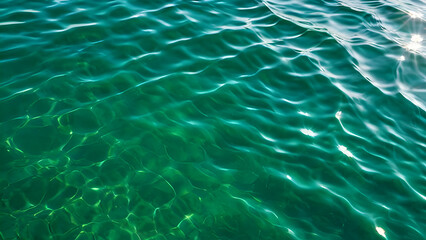 Obraz premium Abstract nature background Water waves in sunlight with copy space. Transparent dark green clear water surface texture with ripples, splashes. Cosmetic moisturizer micellar toner emulsion