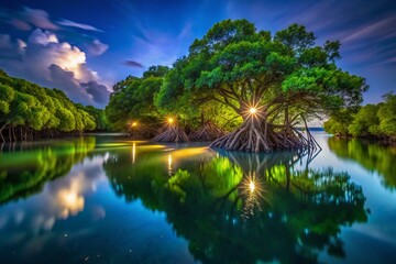Obraz premium Lush Green Mangrove Forest with Vibrant Roots and Reflections in Calm Water Under Bright Sky