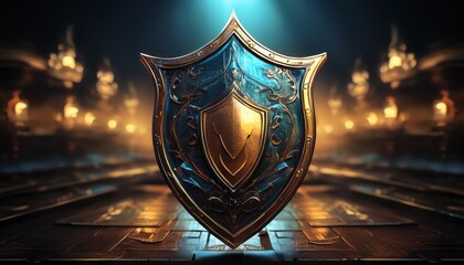 A richly detailed shield illuminated by soft light, set against a mysterious backdrop, evokes themes of protection and valor.