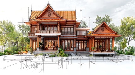 Fototapeta premium isolated white background of a traditional Thai-style home on a blueprint, bright and realistic image with soft lighting, vibrant colors 